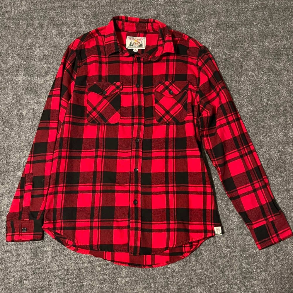 Free Planet Mens Red Black Buffalo Plaid Flannel Button Down Shirt L FW9W31JP1R